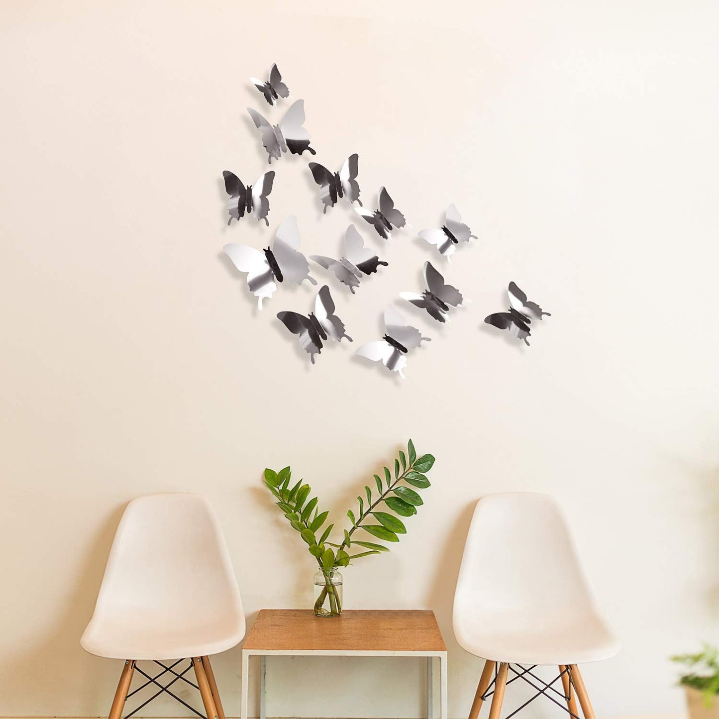 BBTO 48 Pieces Butterfly Wall Decor DIY 3D Mirror Butterfly Stickers Removable Decals Crafts for Birthday Party Bedroom School Bathroom Living Room Decor（Sliver）