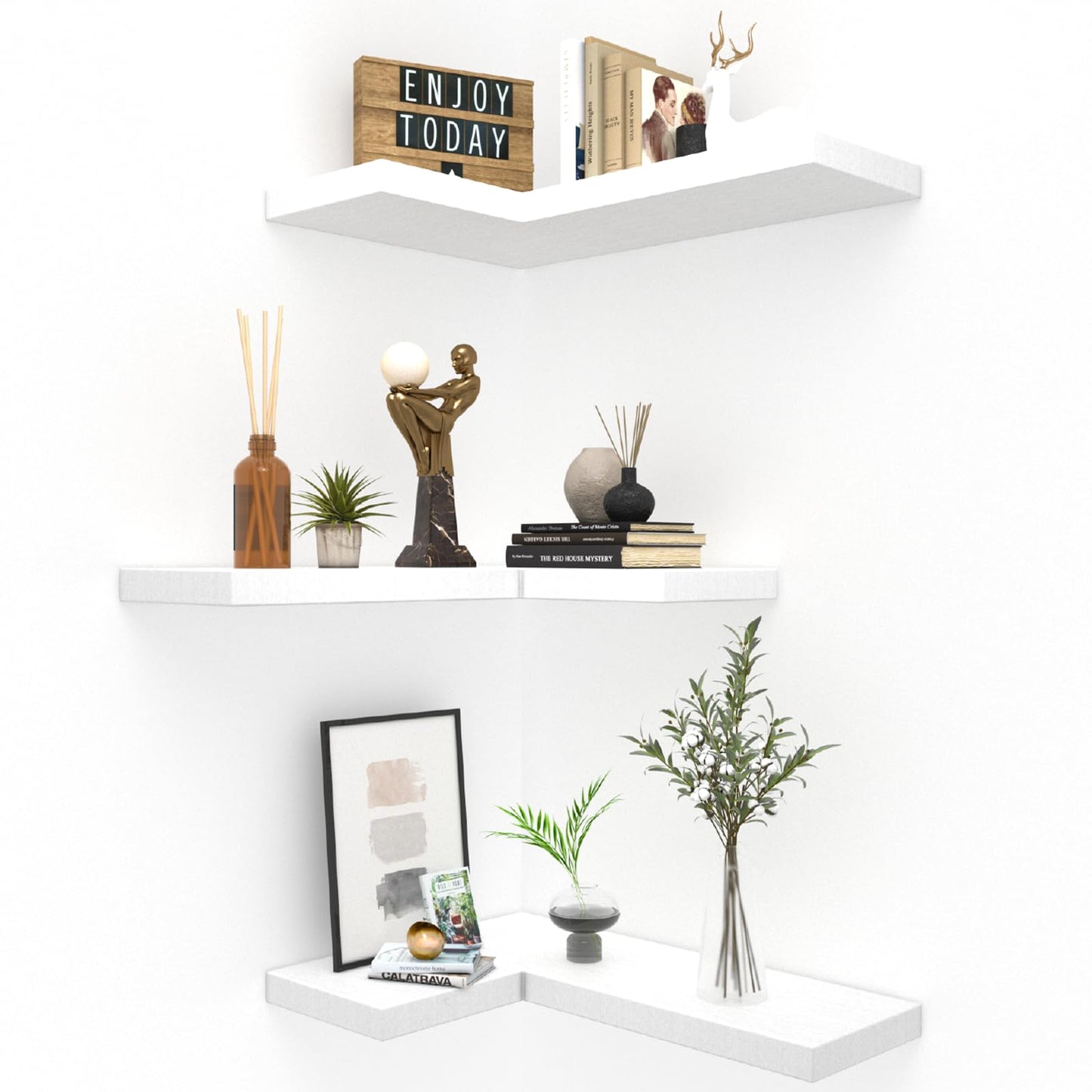 NATURE'S SOURCE Floating Corner Shelves with Invisible Brackets Set of 3, Corner Shelves Wall Mounted, for Home Bedroom Bathroom Kitchen Living Room Office- 16.1" x 11.5" (Pure White)