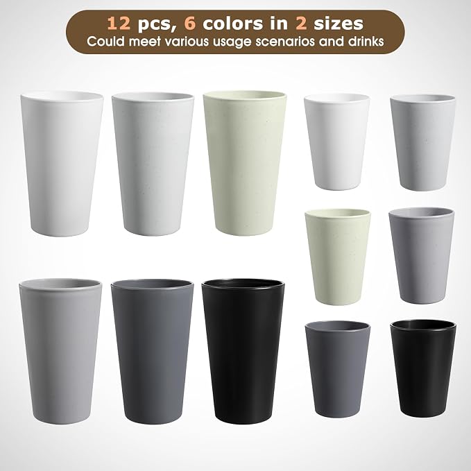 HEYCOME Set of 12 Wheat Straw Cups, 6 Pcs 20 oz & 6 Pcs 12 oz Unbreakable Drinking Cups, Reusable Plastic Cups Sets, Water Glasses Tumblers, Microwave & Dishwasher Safe, Bpa Free, 6 Colors