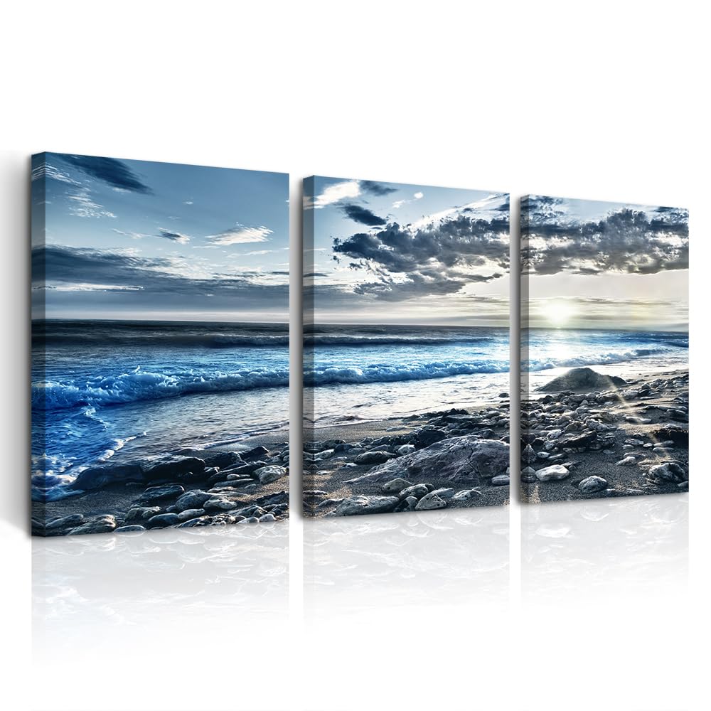 DZRWUBHS Canvas Wall Art - Modern Decor for Living Room, Office & Bedroom - 3 Piece Blue Beach Seascape Wall Prints
