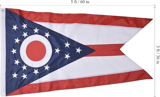 Ohio State Flag 3x5 Ft, Deluxe Embroidered Premium Polyester Durable OH Outside Flag, Indoor/Outdoor with Sewn Stripes and Brass Grommets