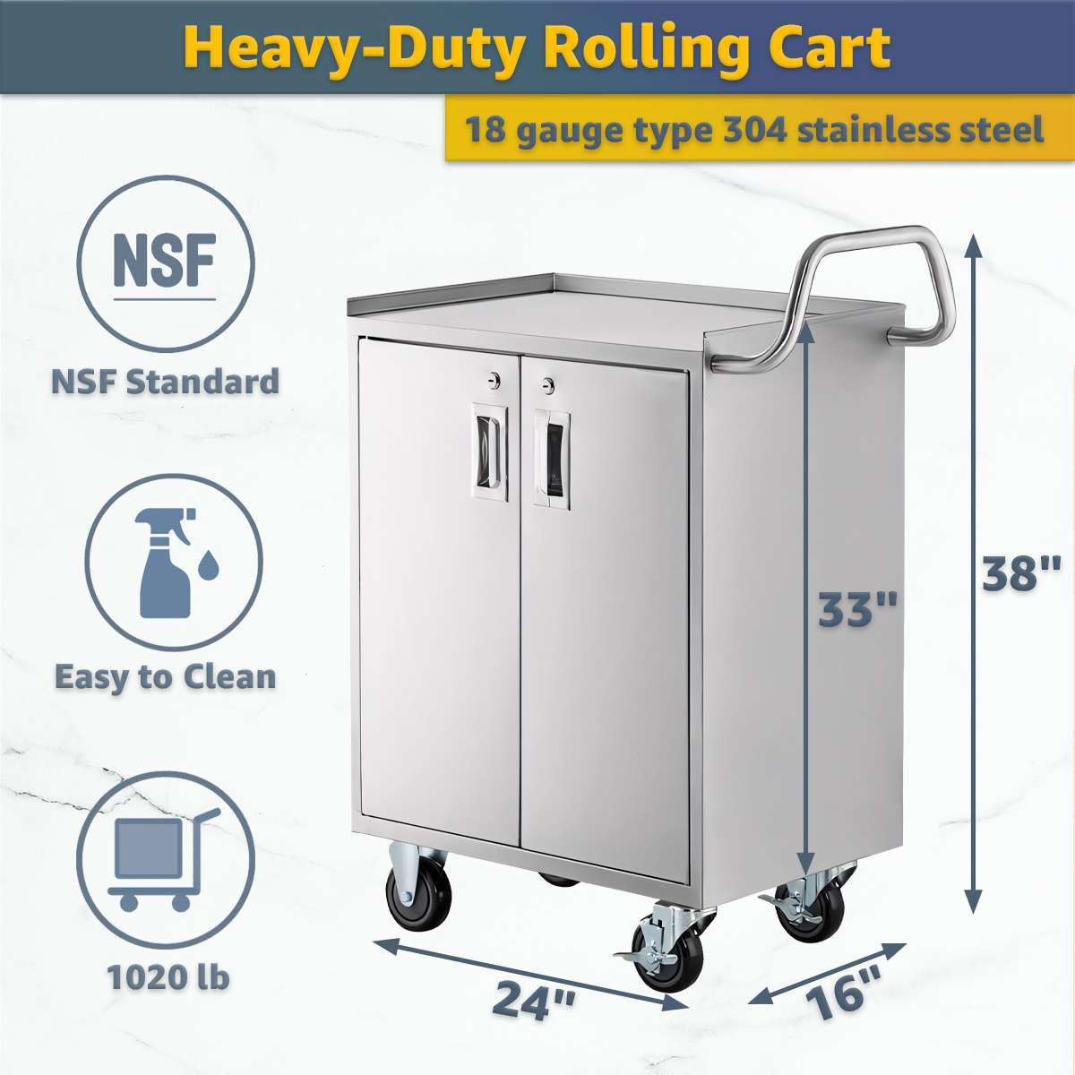 16" x 24" Stainless Steel Utility Cart with Enclosed Base and Locking Doors - 3 Shelf Heavy-Duty 18-Gauge 304 Steel Rolling Cabinet - NSF Commercial Service Cart for Kitchen, Catering, Restaurant