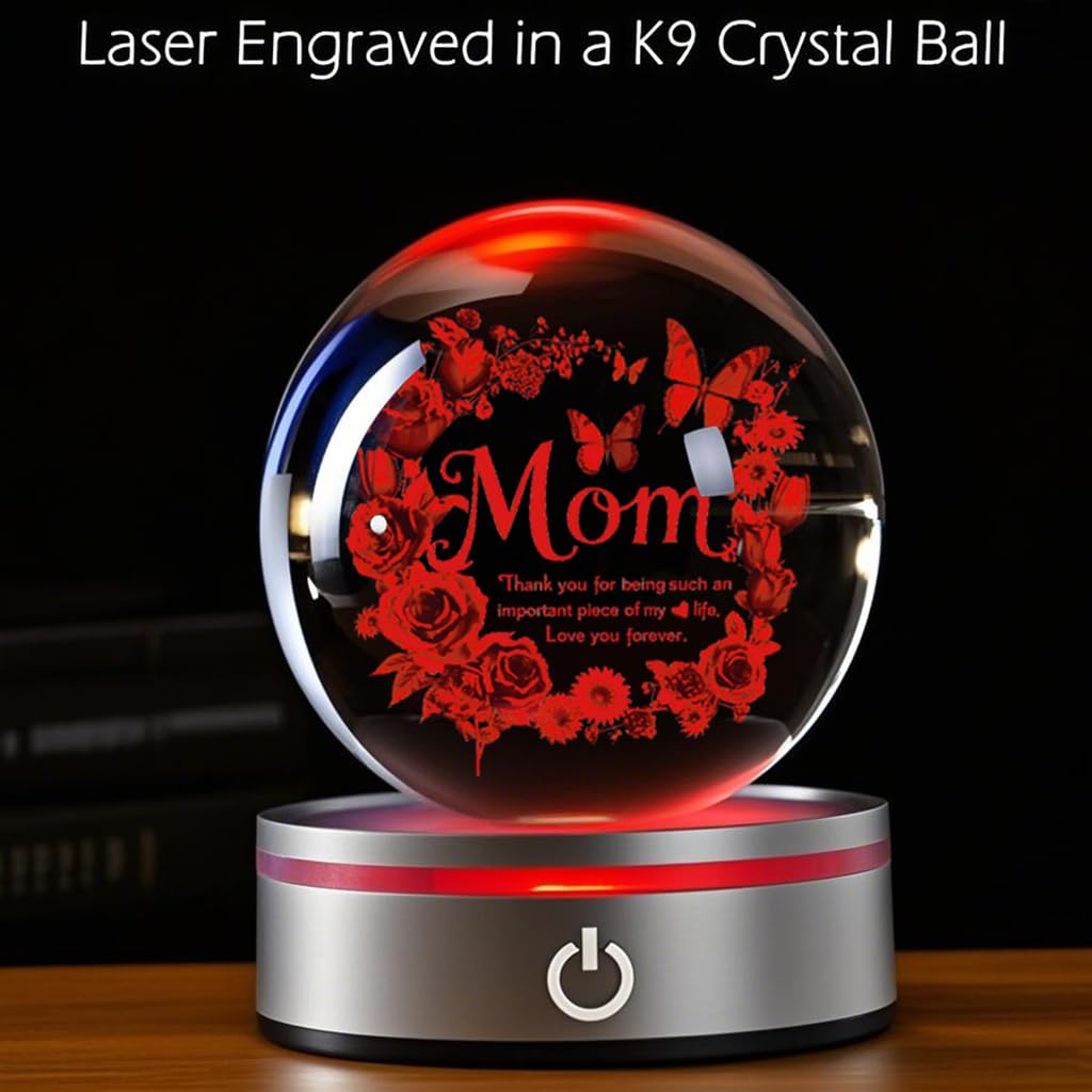 YouerCrystal Mom 3D Crystal Ball Gifts for Mum Birthday Gift from Son, Daughter - Fun Christmas, Mothers Day, Retirement Gift Dutterfly Decorations for Mom 80MM