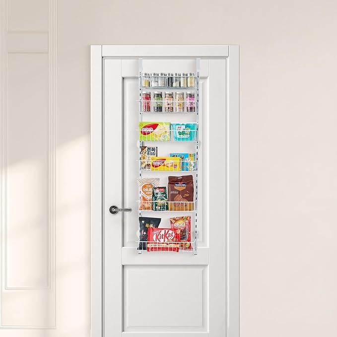 VEVOR Over the Door Pantry Organizer, 6-Tier Pantry Organization and Storage, Heavy-Duty Steel Hanging Spice Rack, Adjustable Wall Seasoning Shelves, for Home Kitchen Laundry Room Bathroom, White