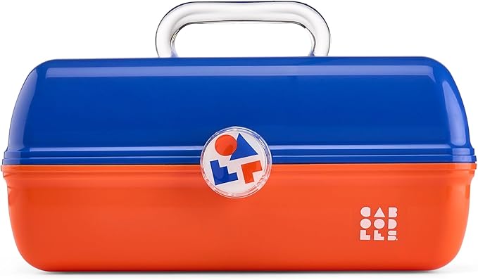 Caboodles School Spirit On-The-Go Girl Makeup Box, Blue Over Orange, Hard Plastic Makeup Organizer Box, Built-In Mirror, Secure Latch for Safe Travel, Spacious Storage for Large Items
