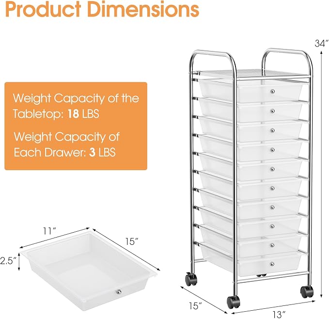 MEDIMALL 10 Drawers Rolling Storage Cart, Multipurpose Craft Storage Cart with Wheels, Mobile Tools Scrapbook Paper Organizer Cart for Office School Home Use (Clear)