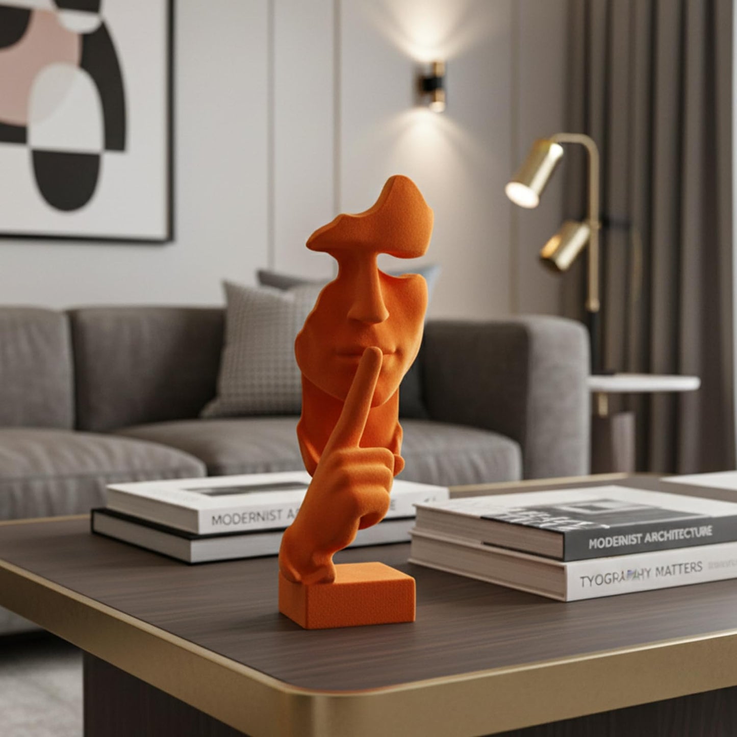 FOLKOR LIFE Velvet Flocked Thinker Sculpture for Room Decor, Flocked Mask Collectible Figurines Modern Abstract Art Statue for Home, Bookshelf, Office, Desk Decor (Orange)