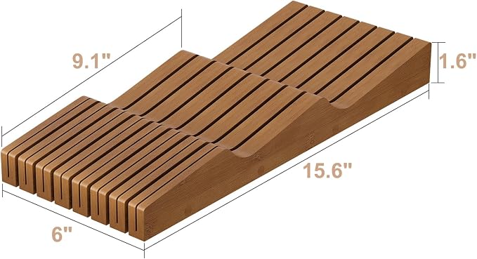 In-Drawer Knife Block Organizer - Bamboo Wood Drawer Knife Organizer-Protecting Knife Organizer Block (Not Included) (Brown, 15 Knives Dock)