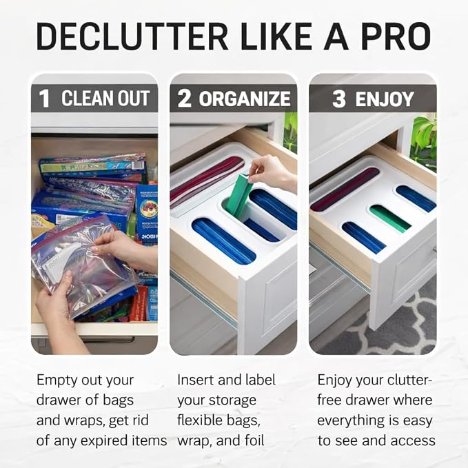 Storage Bag Organizer for Kitchen Drawer – 4 in 1 Plastic Baggie Organizer with Labels | Fits Gallon, Quart, Sandwich & Snack Bags | Ziplock Food Storage Bag Holder | Wall Mount or Drawer Use (White)