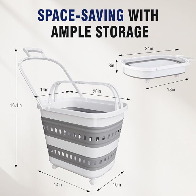Collapsible Plastic Rolling Laundry Basket Hamper with Wheels, 45L Portable Rubber Clothes Basket, Pop Up Storage Container/Organizer for Washing & Storage, Grey