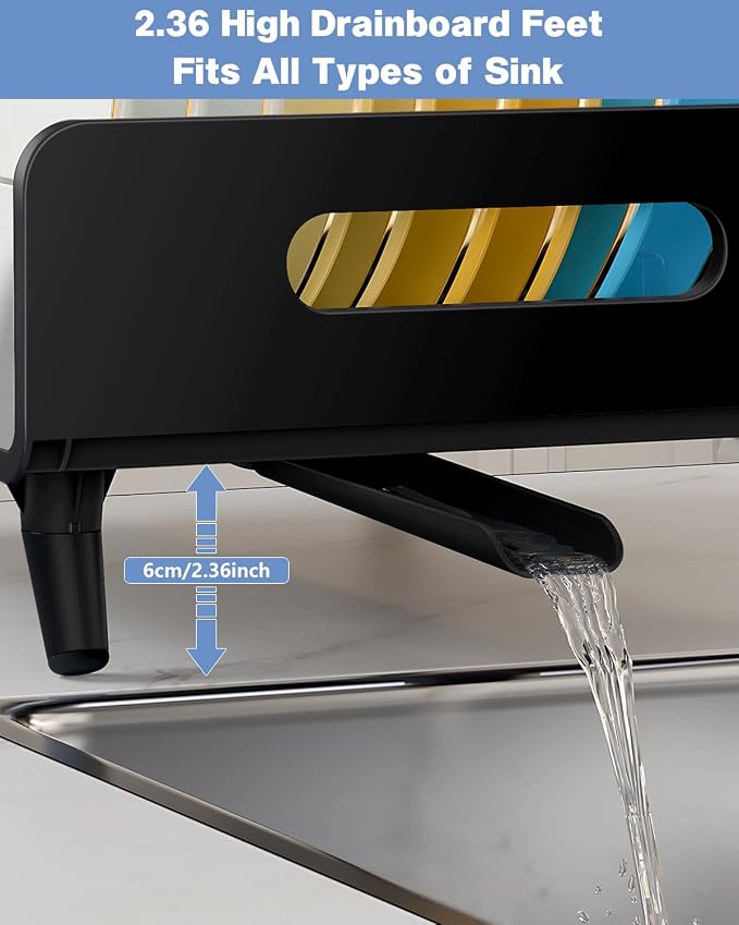Dish Drying Rack, Thicker Premium Aluminum Frame and 304 Stainless Steel Plate Rack for Kitchen Counter, Automatic Drainage Spout, Dish Drainer & Drainboard Set with Utensil Holder, Black