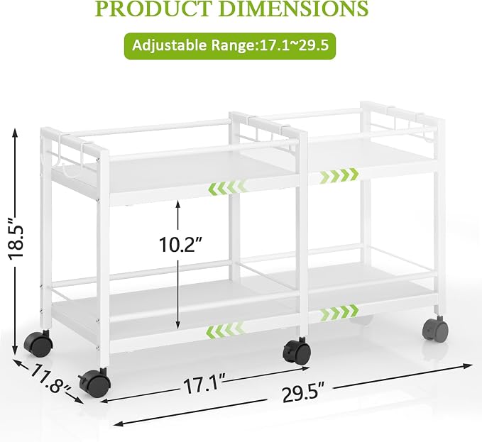 1 Pack 2-Tier Expandable Pantry Floor Organizer Cart, Rolling Pantry Storage Cart with Wheel, Adjustable Can Organizer for Kitchen Pantry, Pantry Shelves and Storage Rack for Snacks, Vegetables, White