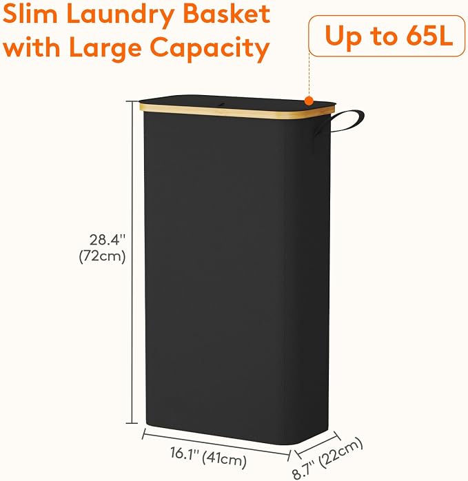 Lifewit 65L Slim Laundry Hamper with Lid, Narrow Laundry Basket with Removable Bag & Bamboo Handles, Fodable Thin Dirty Clothes Hamper for Laundry Collapsible Bin for Bathroom Bedroom Dorm, Black