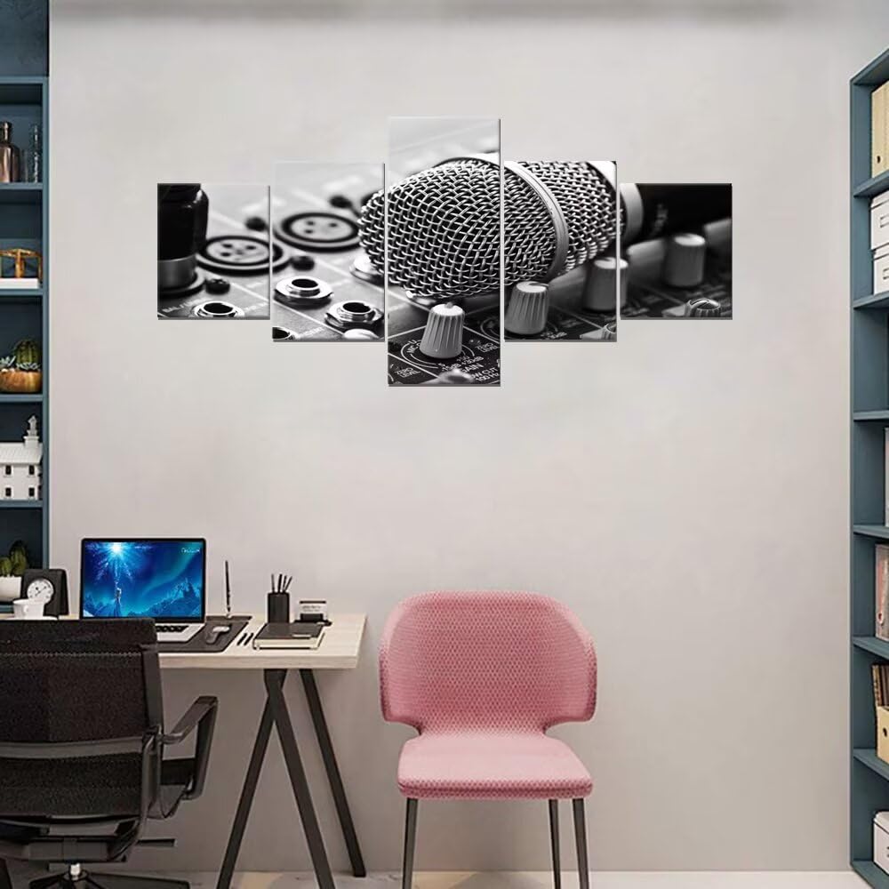 Wall HDQ Music Canvas Wall Art 5 Piece Microphone Pictures DJ Wall Decor Musical Equipment Print Painting for Music room Recording Studio Living Room Bedroom Decor Gifts for Musician (50" Wx24 H)