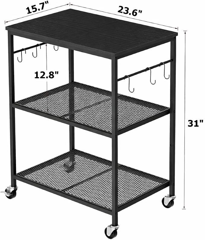 Homleke 3-Tier Rolling Kitchen Microwave Cart, Kitchen Utility Cart on Lockable Wheels, Coffee Bar Table Station with 6 S-Shaped Hooks, Small Appliance Storage Shelf, Black
