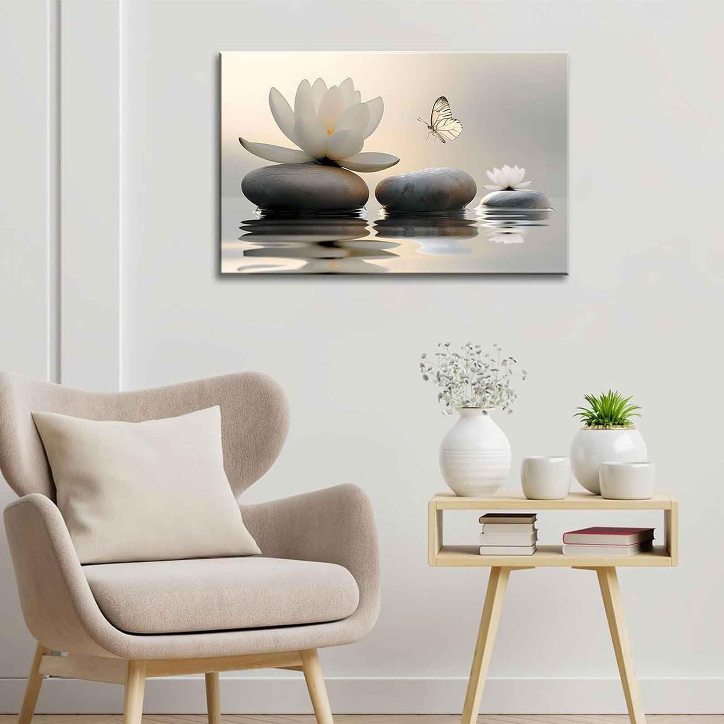 Zen White Lotus Canvas Wall Art White Flower Yellow Butterfly on Lake Wall Decor Pictures Meditation Posters Prints for Bathroom Living Room Modern Spiritual Yoga Spa Bedroom Decoration