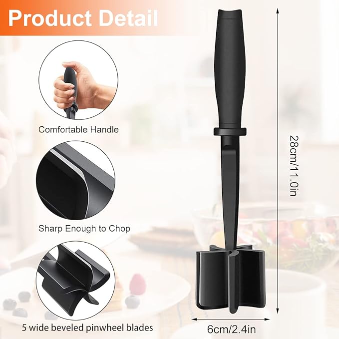 2Pcs Meat Chopper,Heat Resistant Up to 450°F Nylon Meat Masher with 5 Curved Blades & Non-Slip Handle,Ground Beef Chopper Tool for Hamburger,Non-Stick Masher for Kitchen,Dishwasher Safe