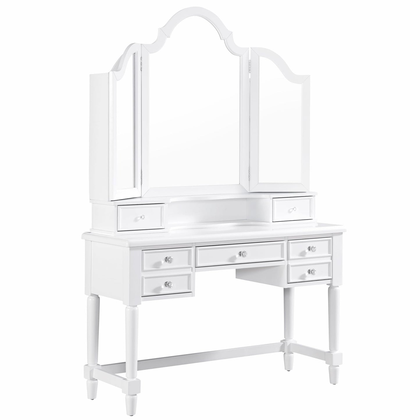24/7 Shop at Home Nyx Traditional 3-Piece Wood 5 Drawers Makeup Vanity Table, Tri-Fold Mirror and Stool Set with Jewelry Storage, 7 Shelves, Padded Seat for Bedroom, Dressing Room, White and Gray