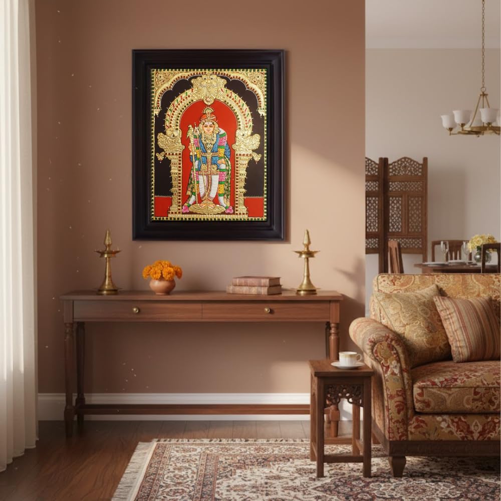 Tarang Arts Murugan God Tanjore Painting, Traditional Handmade 2D Emboss Design with 22-Carat Gold Foil, Jaipur Stones, Wooden Frame for Home Decor, Puja Room, Wall Hanging (Murugan Painting 24*18