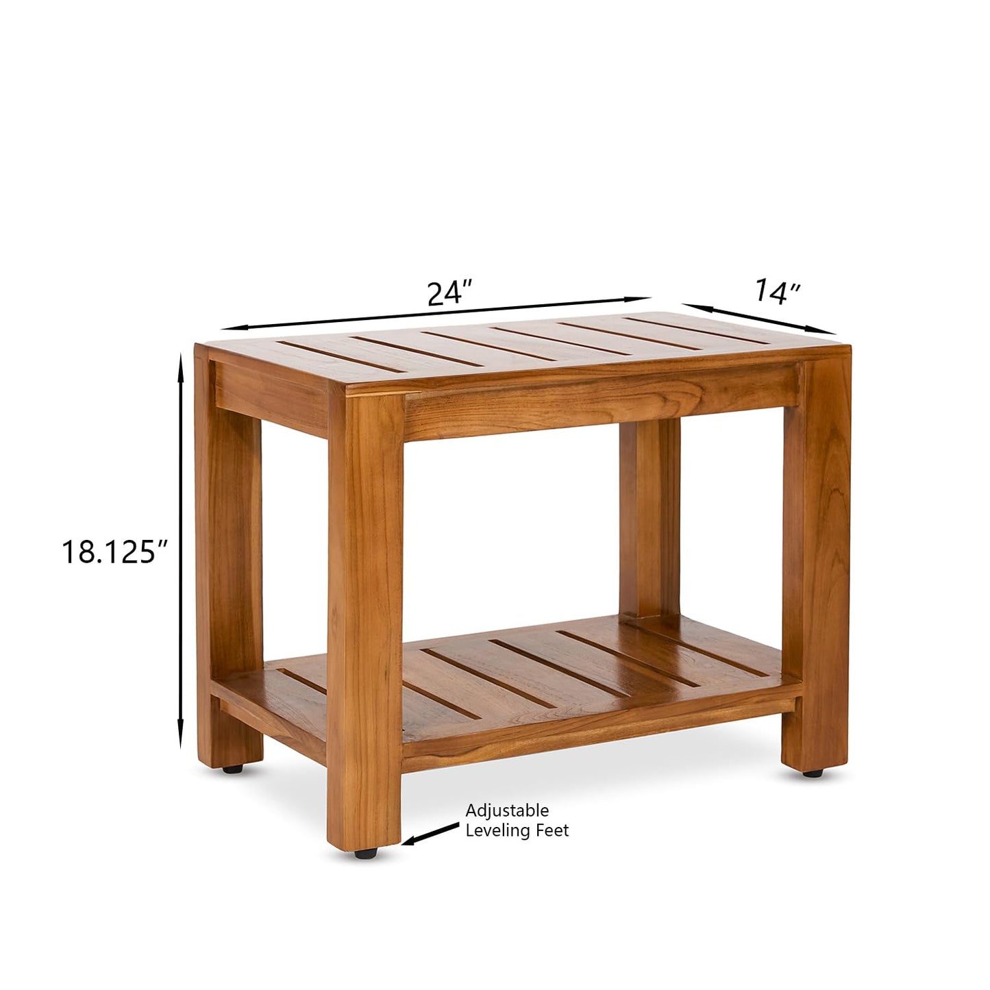 TeakCraft Teak Shower Bench with Shelf, 24” Wide, Shower Stool, Fully Assembled Bathroom Shower Seat, Water-Resistant Spa Bath Bench for Shower, Bathroom & Entryway, The Tara