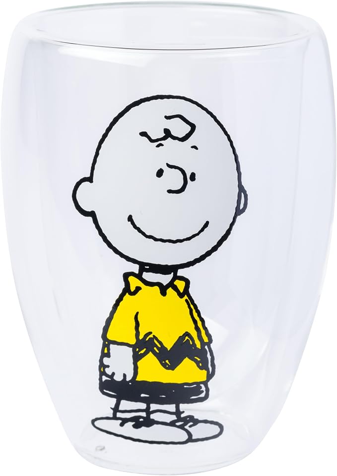Silver Buffalo Peanuts 2 Piece Double Walled Glass Set Featuring Snoopy, Woodstock, and Charlie Brown, 12.5 Ounces
