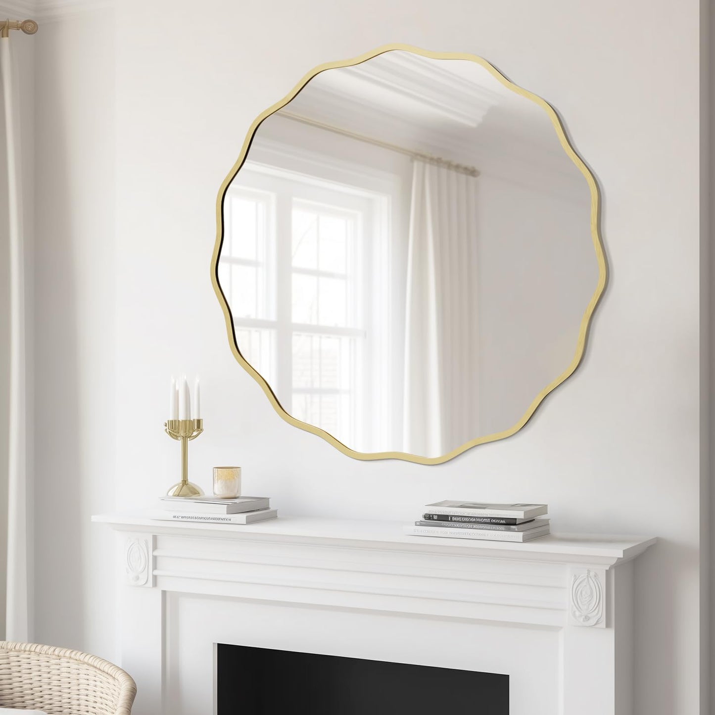 WallBeyond Round Wavy Mirror for Wall Decorative 32 inch, Modern Round Mirror Aluminum Frame for Bathroom Bedroom Living Room Home House Office Entryway, Gold