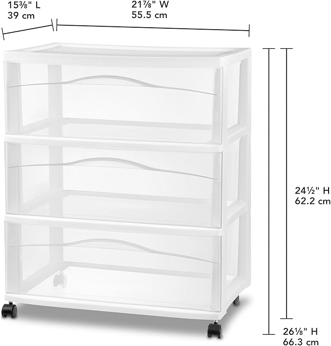 Sterilite 2-Pack Wide 3-Drawer Cart, Storage Closet Organizer with Wheels, White - Plastic Drawers and Containers for Bedroom, Cabinet, Clothes, Dresser, and Kitchen Pantry Organization