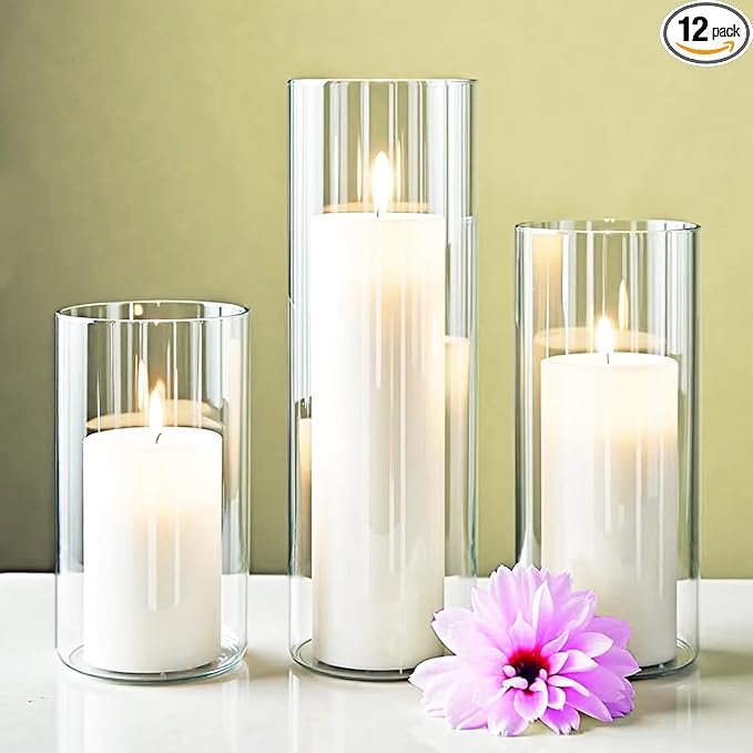 Set of 12 Elegant White Pillar Candles with Clear Ribbed Glass Holders?“Perfect for Weddings, Parties, Events, and Home Decor?“Long-Lasting Burn, Stylish Centerpieces, and Versatile Use