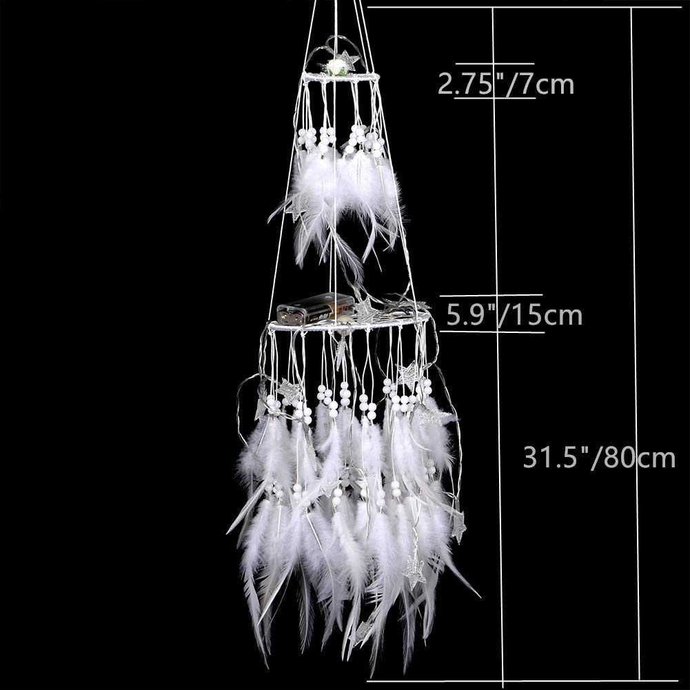 Dremisland Double Circle White Feather Dream Catcher with Mobile LED Fairy Lights Wall Hanging Ornaments Ceiling Decor for Bedroom Decor Wedding Decorations Boho Chic Party Nursery Decor