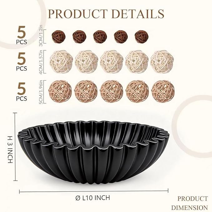 Large Modern Ruffle Bowls, Artificial Stone Decorative Catch All Bowl for Kitchen Counter and Entryway Table, Handcrafted Fruit Bowls and Key Bowl for Home Decor(Black)