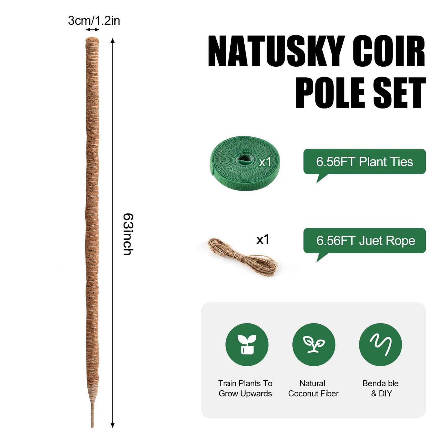 Moss Pole, 63 Inch Bendable Moss Pole for Plants Monstera, Moss Poles for Climbing Plants, Handmade Coco Coir Pole Plant Sticks Support Plant Stakes for Indoor Plants to Grow Upwards