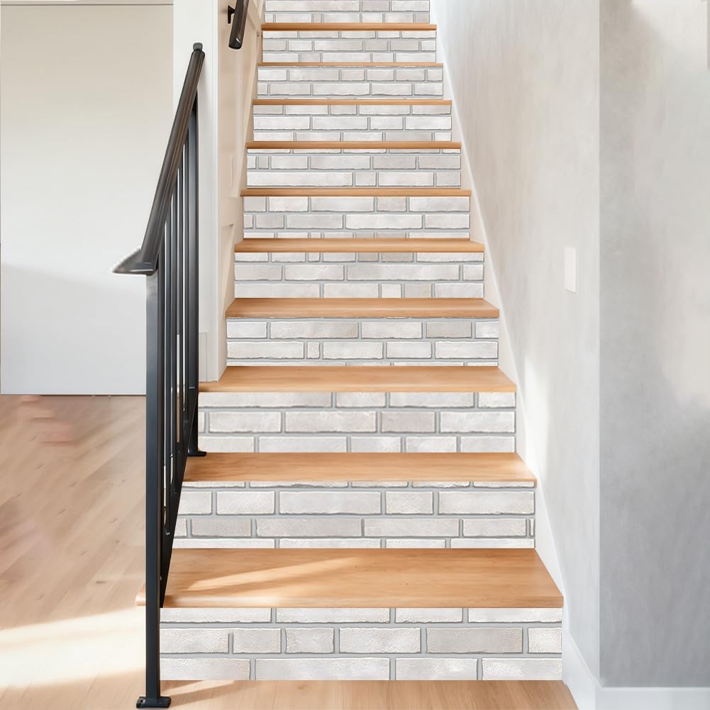 Hpbbspring 15Pcs Staircase Stickers Realistic White Brick Wall Tile Stickers Beauiful Self-Adhesive Water Proof Staircase Decor for Steps Bedroom Balcony Bars 39.3" W x 7.08" H