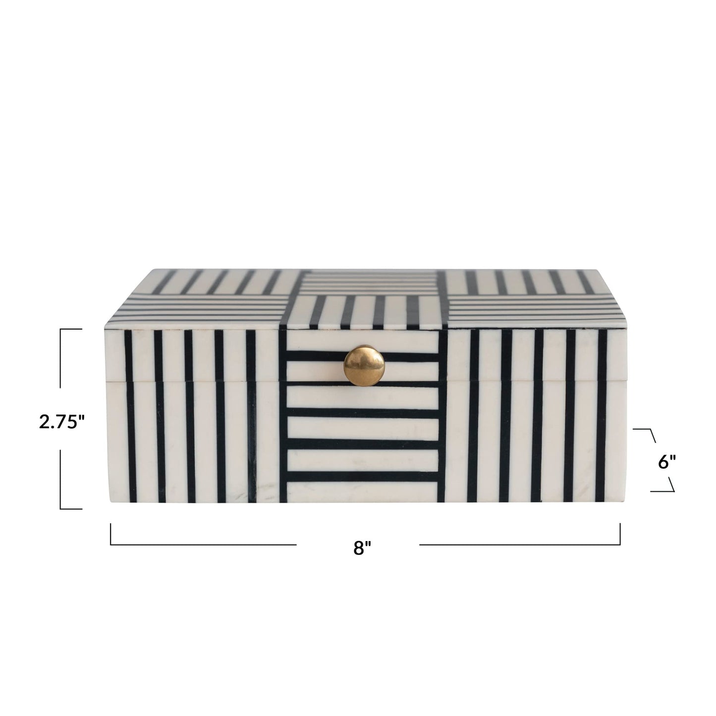 Bloomingville Plastic Storage Box with Striped Block Pattern and Gold Knob, Black and White