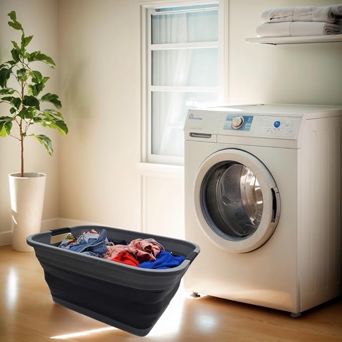 SAMMART 41L (10.8 gallon) Collapsible Plastic Laundry Basket - Foldable Pop Up Storage Container/Organizer - Portable Washing Tub - Space Saving Hamper/Basket, (Rectangular, Grey/Black)