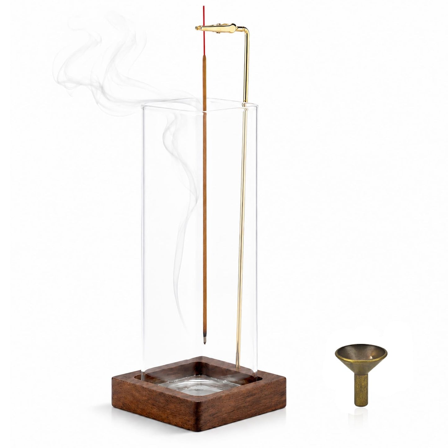 HZCPENG Glass Incense Holder, Hanging Incense Stick Burner with Ash Catcher, 2 in 1 Backflow Cone Holder on Wooden Base, Anti-Ash Zen Decor for Meditation, Yoga（Square）