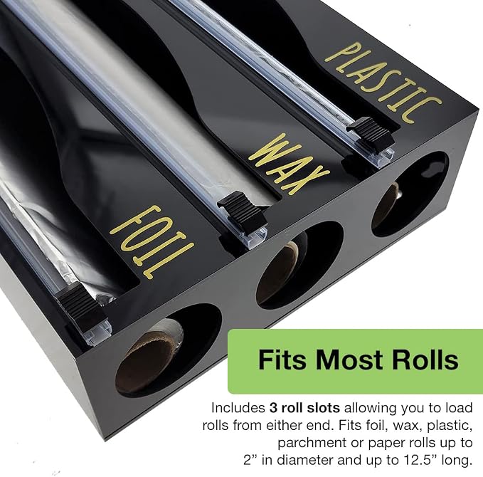 OnDisplay Luxe Acrylic 3-in-1 Plastic Wrap/Wax Paper/Aluminum Foil Dispenser for Drawer or Wall Mountable - Cling Wrap/Parchment Paper/Tin Foil Holder for Kitchen (Black 3-in-1)