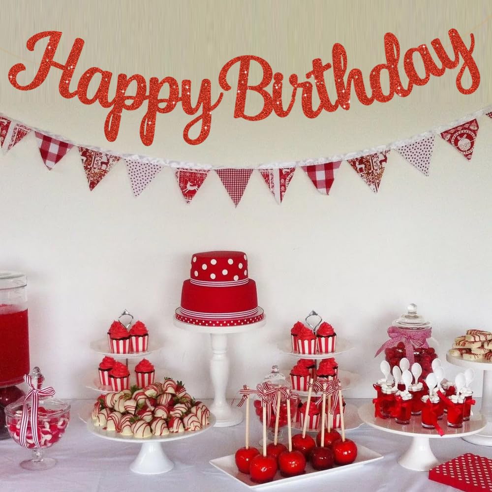 BEISHIDA Red Happy Birthday Banner - NO DIY,10Feet,Pre-Strung-Glitter Backdrop Happy Birthday Sign,Decorations for Women,Bday Party Decorations