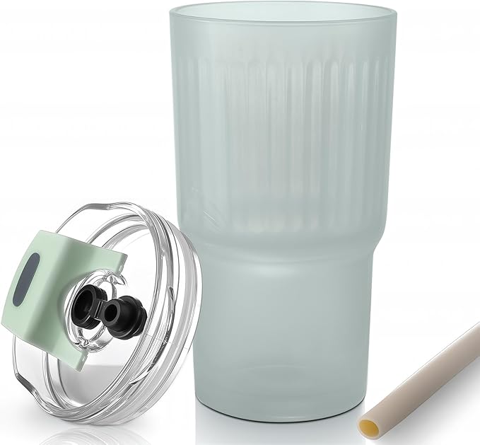 Iced Coffee Cups with Lids: Coffee Bar Accessories - Ribbed Glass Tumbler with Silicone Straw and Lid - 20oz Leak Proof Reusable Glass Cups and Tumblers with Lid and Silicone Straws(1Pcs-Blue)