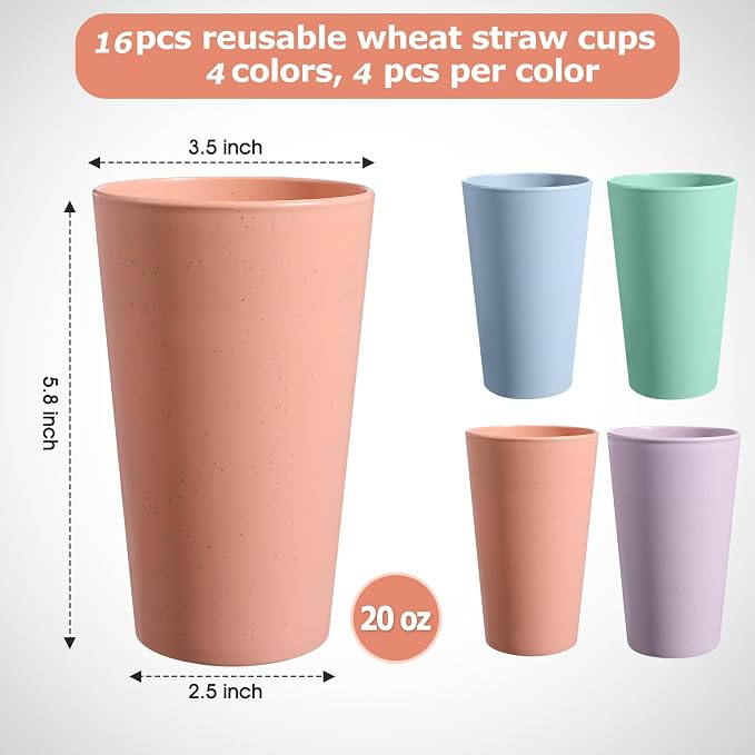 HEYCOME Set of 16 Wheat Straw Cups, 16 Pcs 20 oz Unbreakable Drinking Cups, Reusable Plastic Cups Sets, Water Glasses Tumblers, Microwave & Dishwasher Safe, Bpa Free, 4 Colors