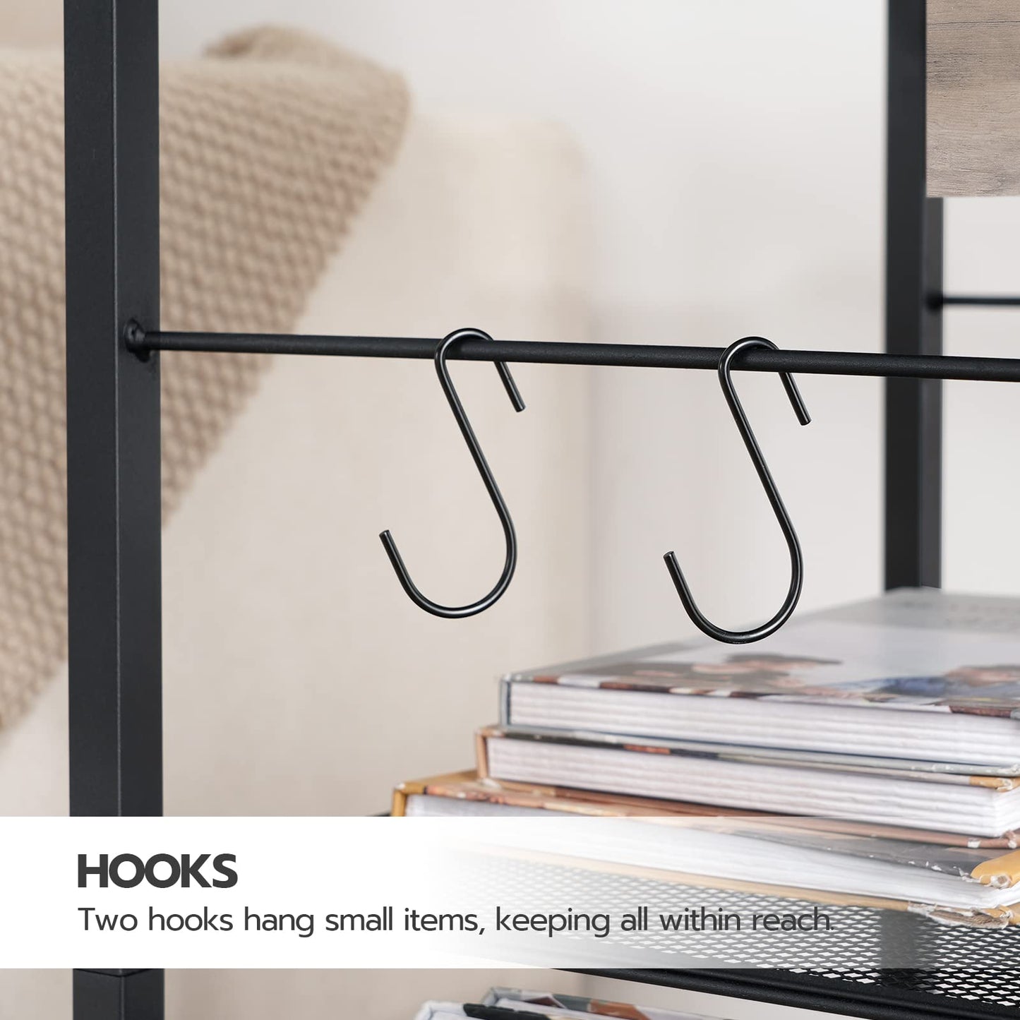 HOOBRO Industrial Printer Stand, 3-Tier Mobile Printer Table, Rolling Cart with Power Outlets and USB Ports, Home Printer Stand with 2 Hooks, for Office, Living Room, Greige and Black BG22UPS01