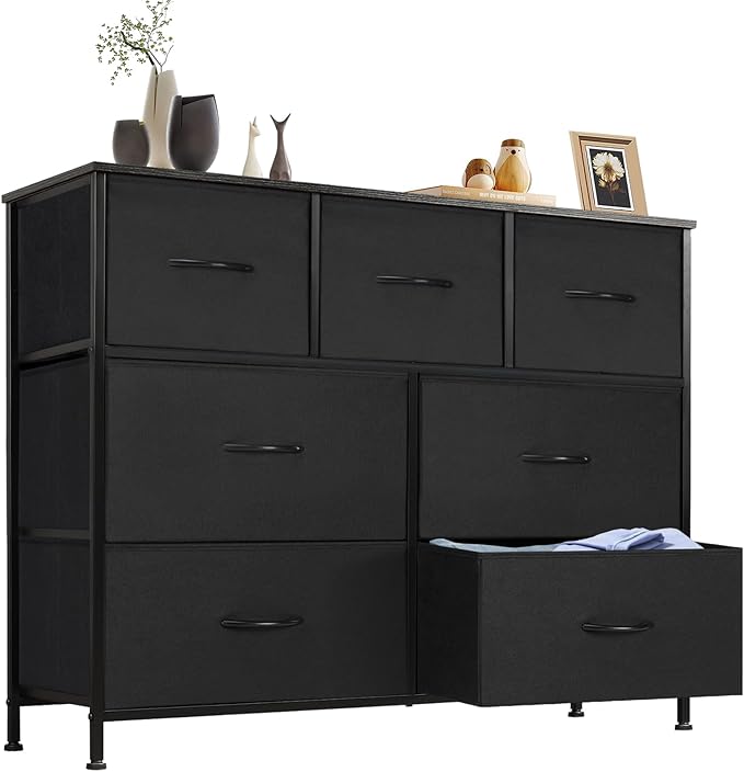 Sweetcrispy 7 Drawer Dresser Storage Organizer with Fabric Bins, Sturdy Steel Frame and Wood Top, Easy Pull Handles, for Bedroom Closet Hallway Entryway,Black