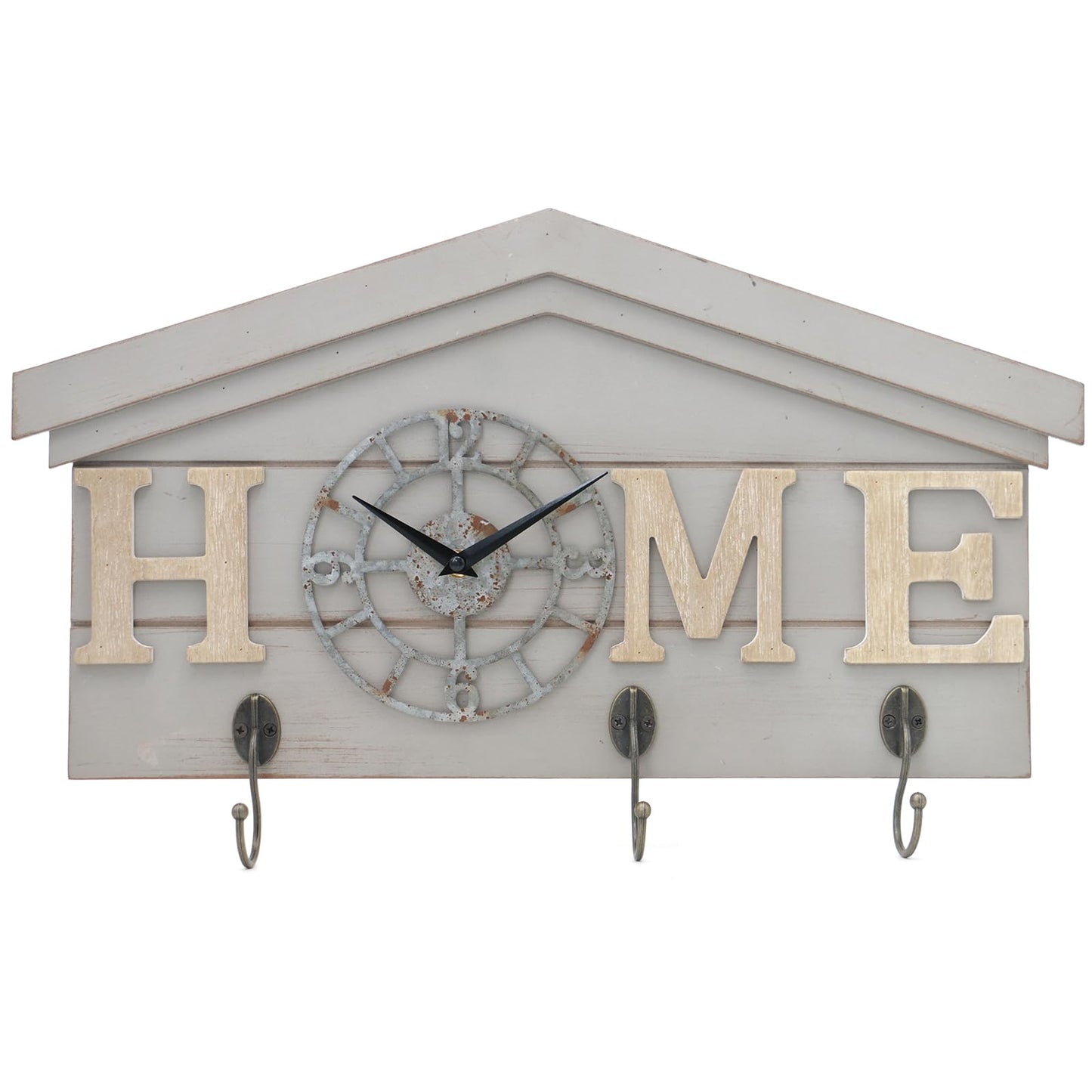 Farmhouse Battery Operated Wall Clock with Hooks Rustic Wooden Entryway Organizer with 3 Metal Hooks Key Hanger HOME letters Silent Quartz Clock Key Holder Wall Decor for Entryway Kitchen, Living Room