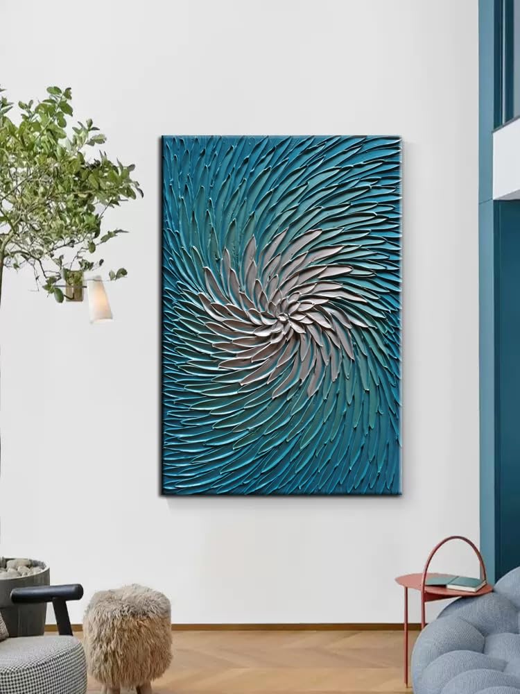 YaSheng Art - 24x36inch Wall Art 3D Vertical Wall Art ,100% hand painted Modern Abstract Wall Art ,Oil Painting Blue and Silver Canvas Wall Art Artwork ,Wall Art for Living Room, Bedroom Wall Decor,Office Wall Decor Home ,Framed Wall Art