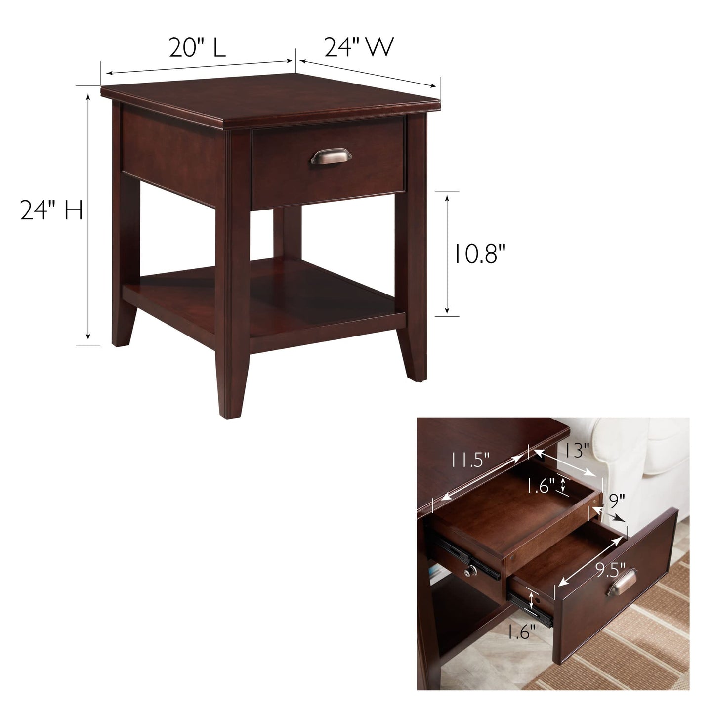 Leick Home Laurent Solid Wood Side Table with Hidden Compartment, Chocolate Cherry Brown, Perfect for Living Rooms, Bedrooms, and Offices, 10507-SC