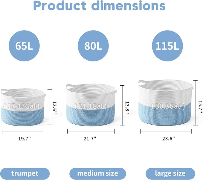 Foldable Laundry Hamper Basket with Collapsible Handle Cotton Rope Soft Woven Fabric Storage Organizer Clothes Toys Nursery Bedroom Dorm Space Saving Bin (White & Blue, 115L(23.6"D x 15.7"H))