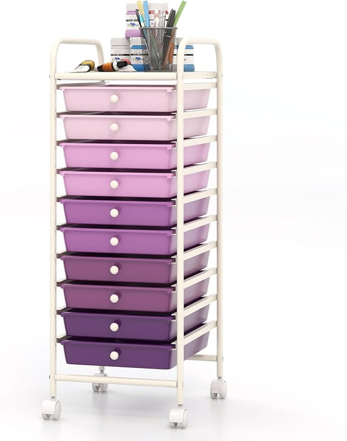 COSTWAY 10-Drawer Rolling Storage Cart, Utility Mobile Trolley with Removable Drawers & Universal Casters & 2 Brakes, Versatile Flexible Drawer Organizer Cart for Home, Office, Purple Gradient