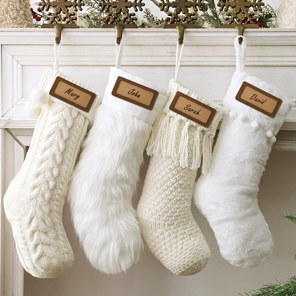 Personalized Christmas Stockings: 4 Pcs 18 Inch White Farmhouse Plush Faux Fur & Cable Knitted Fireplace Xmas Stockings, Rustic Personalized Stocking Hanging Gifts Decorations for Family Holiday Decor