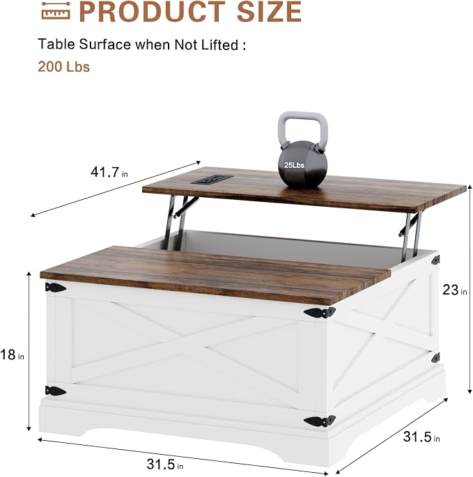 BROTTAR Lift Top Coffee Table with Storage, Square Coffee Table for Living Room with Charging Ports, Farmhouse Dining Table with Large Hidden Storage, White, 31.5"
