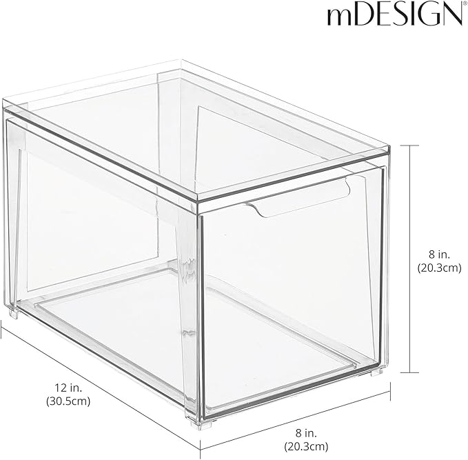 mDesign Plastic Stackable Bathroom Storage with Pull Out Bin Organizer Drawer for Cabinet, Vanity, Shelf, Cupboard, Cabinet, or Closet Organization - Lumiere Collection - 4 Pack - Clear