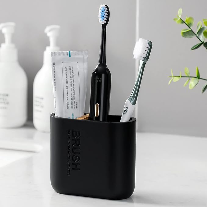 rejomiik Toothbrush Holders Resin Bamboo Tooth Brushing Holder for Bathroom Countertop, Tooth Brush Storage Organizer Stand for Holds Toiletries and Beauty Accessories, Toothpaste, Razor, Matte Black
